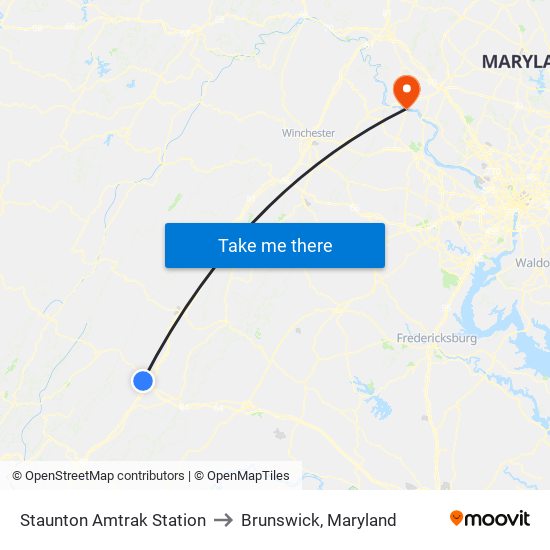 Staunton Amtrak Station to Brunswick, Maryland map