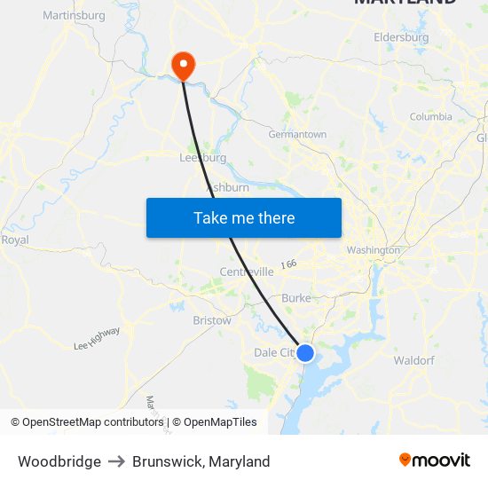 Woodbridge to Brunswick, Maryland map