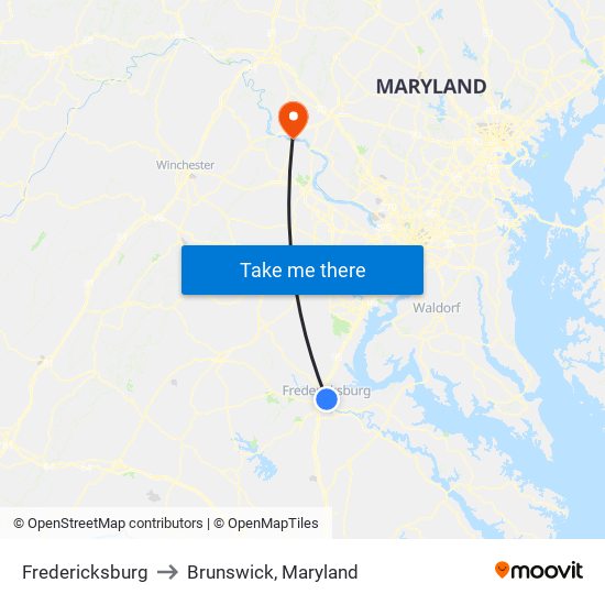 Fredericksburg to Brunswick, Maryland map