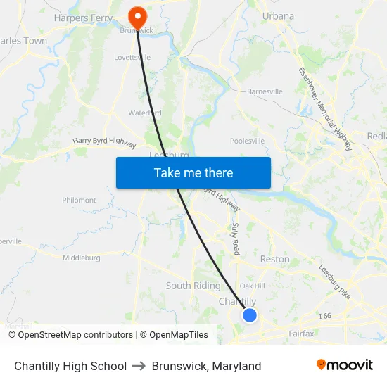 Chantilly High School to Brunswick, Maryland map