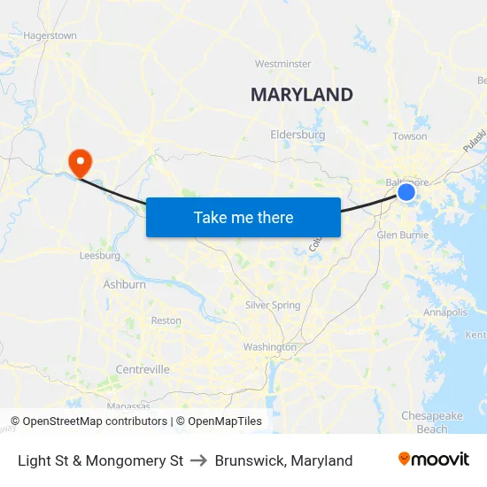 Light St & Mongomery St to Brunswick, Maryland map