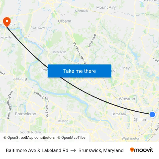 Baltimore Ave & Lakeland Rd to Brunswick, Maryland map
