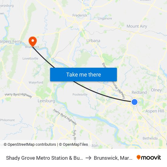 Shady Grove Metro Station & Bus Bay C to Brunswick, Maryland map