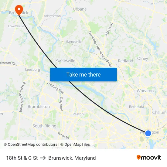 18th St & G St to Brunswick, Maryland map