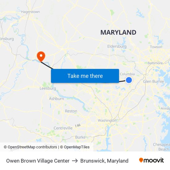 Owen Brown Village Center to Brunswick, Maryland map