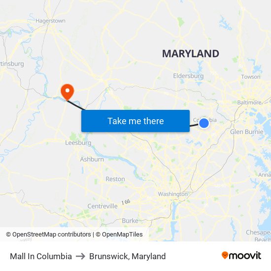 Mall In Columbia to Brunswick, Maryland map