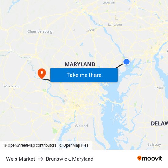 Weis Market to Brunswick, Maryland map