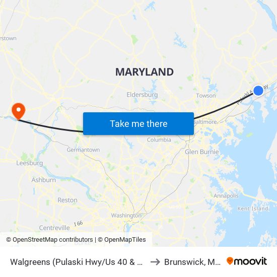 Walgreens (Pulaski Hwy/Us 40 & Paul Martin Dr) to Brunswick, Maryland map