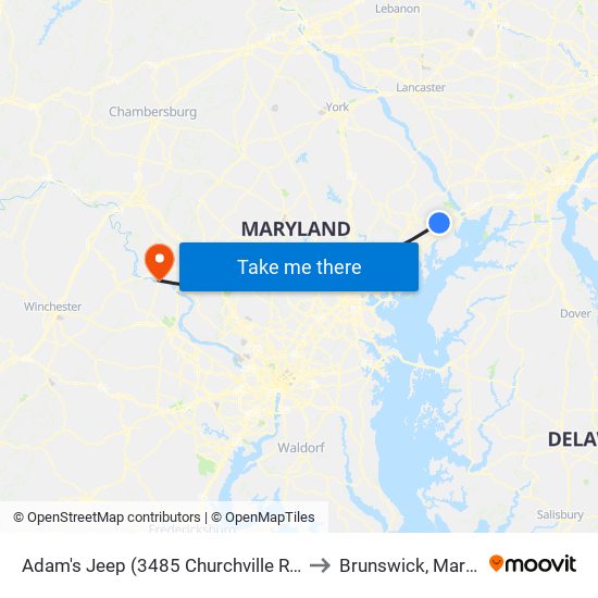 Adam's Jeep (3485 Churchville Rd/Rt 22) to Brunswick, Maryland map