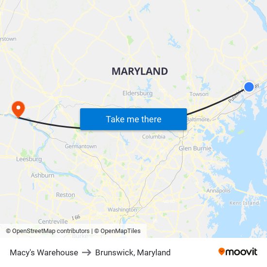 Macy's Warehouse to Brunswick, Maryland map