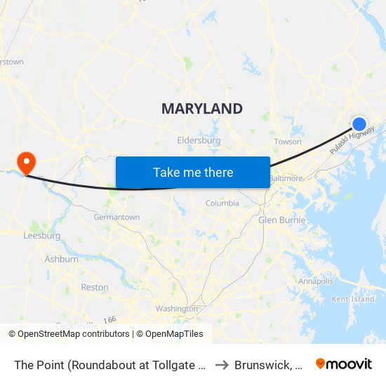 The Point (Roundabout at Tollgate Rd & Westover Ln) to Brunswick, Maryland map