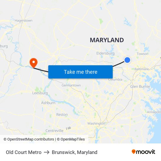 Old Court Metro to Brunswick, Maryland map