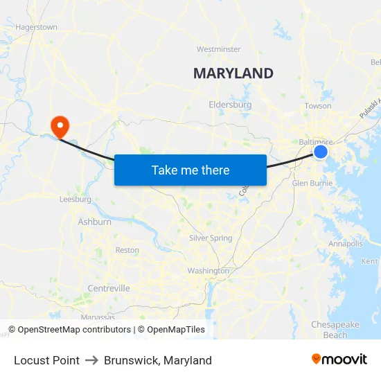 Locust Point to Brunswick, Maryland map