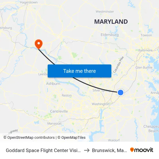 Goddard Space Flight Center Visitors Center to Brunswick, Maryland map