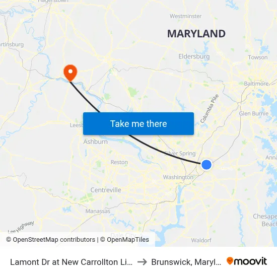 Lamont Dr at New Carrollton Library to Brunswick, Maryland map