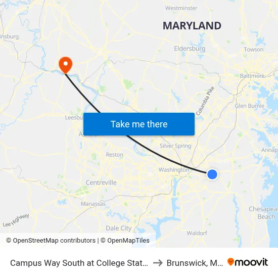 Campus Way South at College Station Drive (Pgcc) to Brunswick, Maryland map