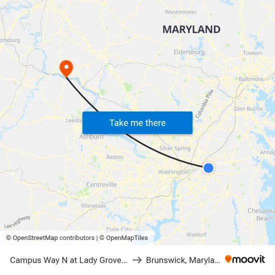 Campus Way N at Lady Grove Rd to Brunswick, Maryland map