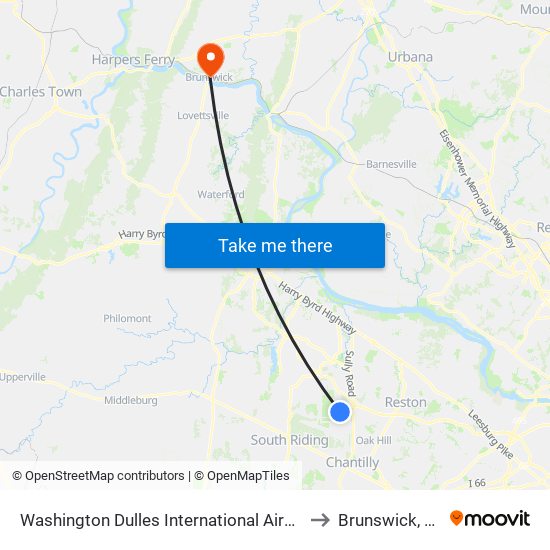 Washington Dulles International Airport Metrorail Station to Brunswick, Maryland map