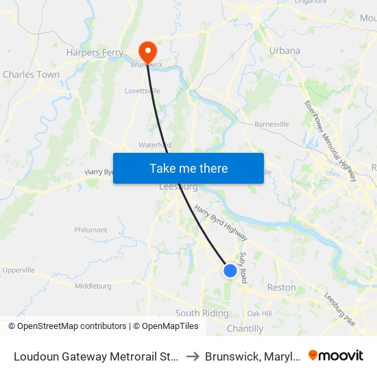 Loudoun Gateway Metrorail Station to Brunswick, Maryland map