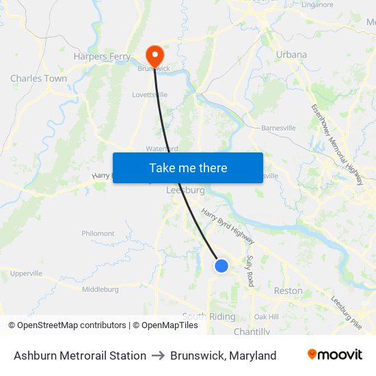 Ashburn Metrorail Station to Brunswick, Maryland map