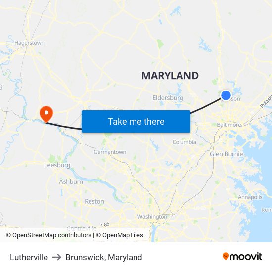 Lutherville to Brunswick, Maryland map