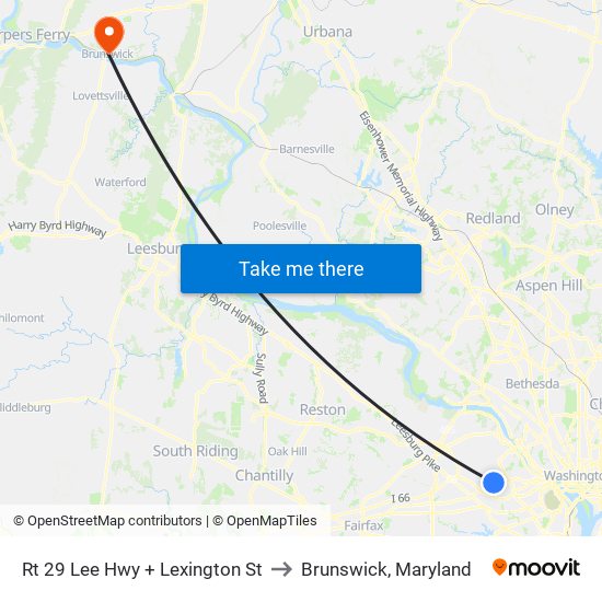 Rt 29 Lee Hwy + Lexington St to Brunswick, Maryland map