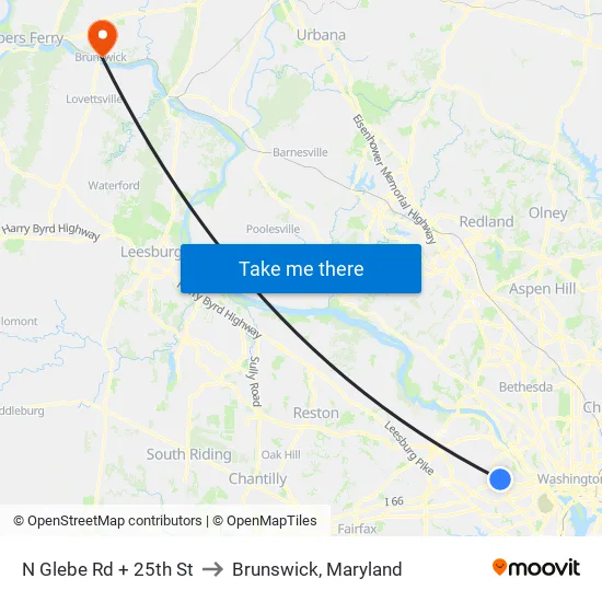 N Glebe Rd + 25th St to Brunswick, Maryland map