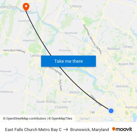 East Falls Church Metro Bay C to Brunswick, Maryland map