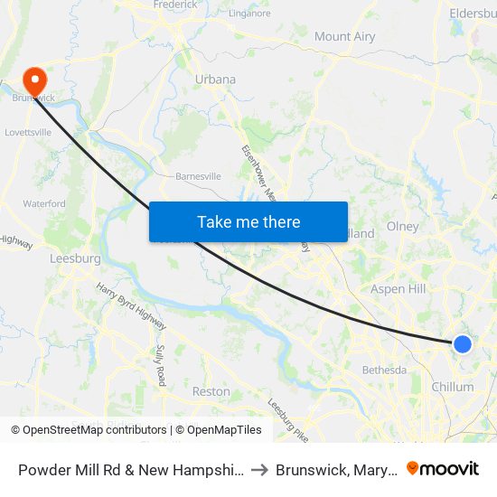 Powder Mill Rd & New Hampshire Ave to Brunswick, Maryland map