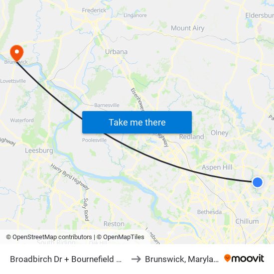 Broadbirch Dr + Bournefield Way to Brunswick, Maryland map