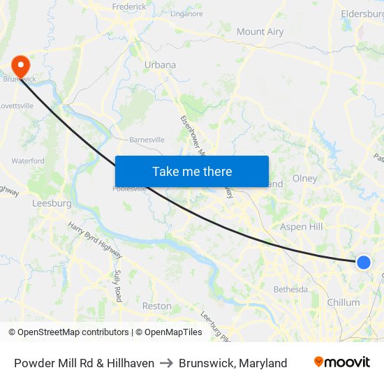 Powder Mill Rd & Hillhaven to Brunswick, Maryland map