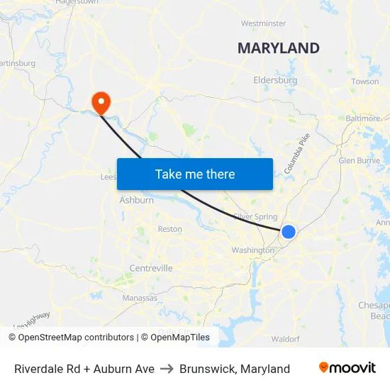 Riverdale Rd + Auburn Ave to Brunswick, Maryland map
