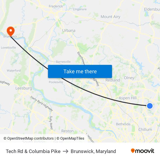 Tech Rd & Columbia Pike to Brunswick, Maryland map