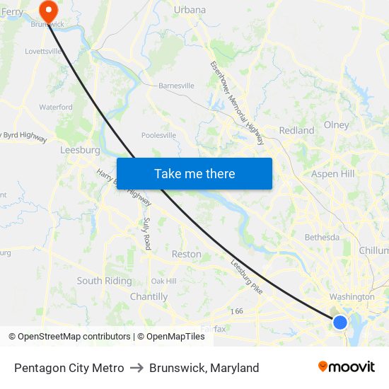 Pentagon City Metro to Brunswick, Maryland map