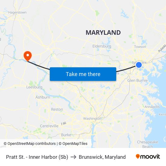 Pratt St. - Inner Harbor (Sb) to Brunswick, Maryland map