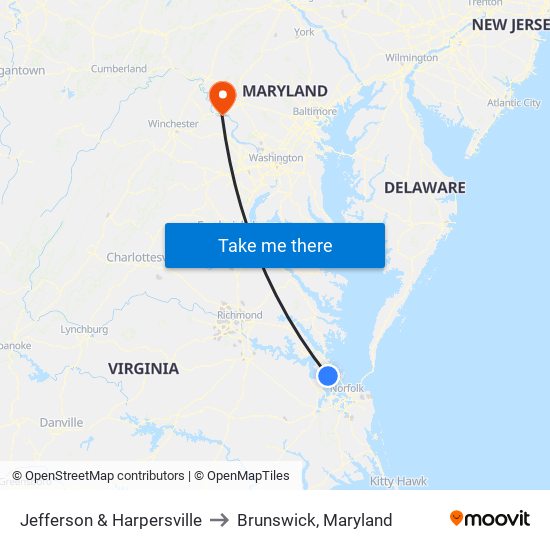 Jefferson & Harpersville to Brunswick, Maryland map