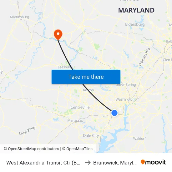 West Alexandria Transit Ctr (Bay A) to Brunswick, Maryland map