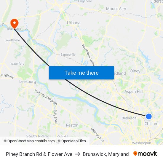 Piney Branch Rd & Flower Ave to Brunswick, Maryland map