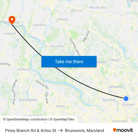 Piney Branch Rd & Arliss St to Brunswick, Maryland map