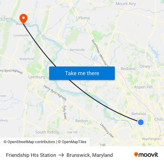 Friendship Hts Station to Brunswick, Maryland map