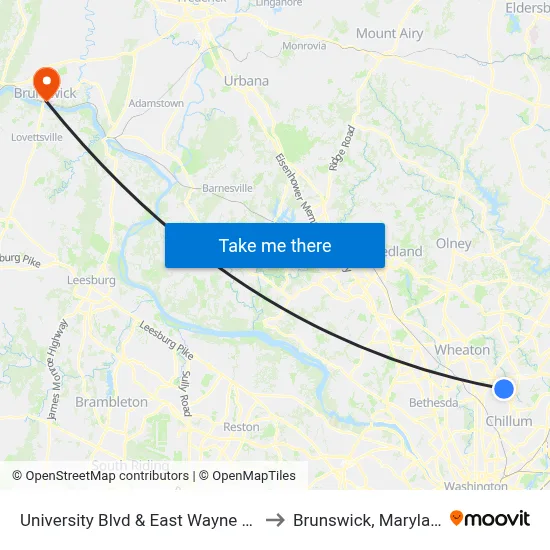 University Blvd & East Wayne Ave to Brunswick, Maryland map