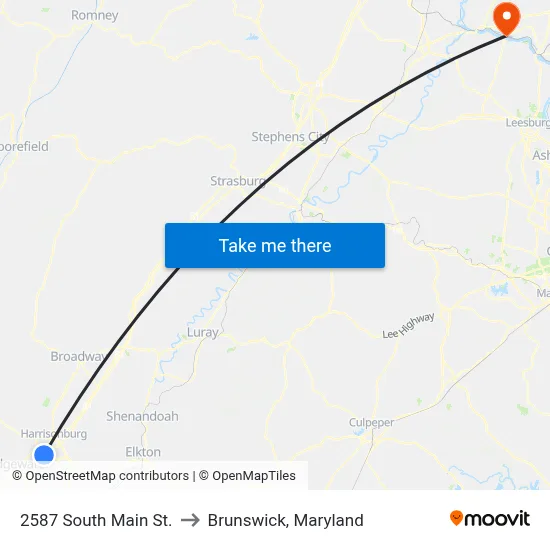 2587 South Main St. to Brunswick, Maryland map
