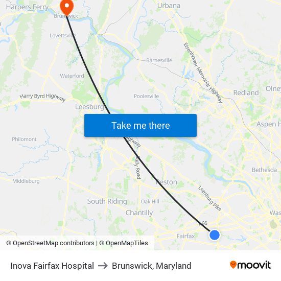 Inova Fairfax Hospital to Brunswick, Maryland map