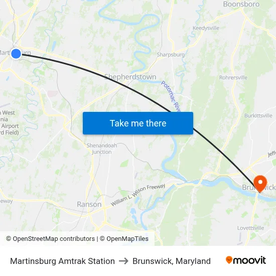 Martinsburg Amtrak Station to Brunswick, Maryland map
