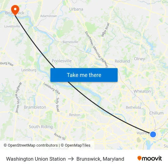 Washington Union Station to Brunswick, Maryland map