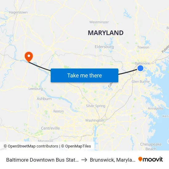 Baltimore Downtown Bus Station to Brunswick, Maryland map
