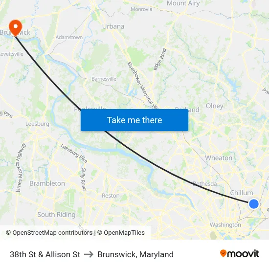 38th St & Allison St to Brunswick, Maryland map