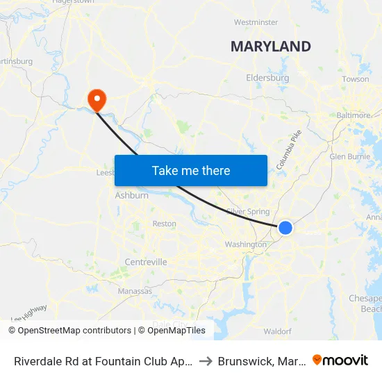 Riverdale Rd at Fountain Club Apartments to Brunswick, Maryland map