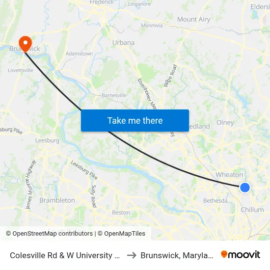 Colesville Rd & W University Bv to Brunswick, Maryland map
