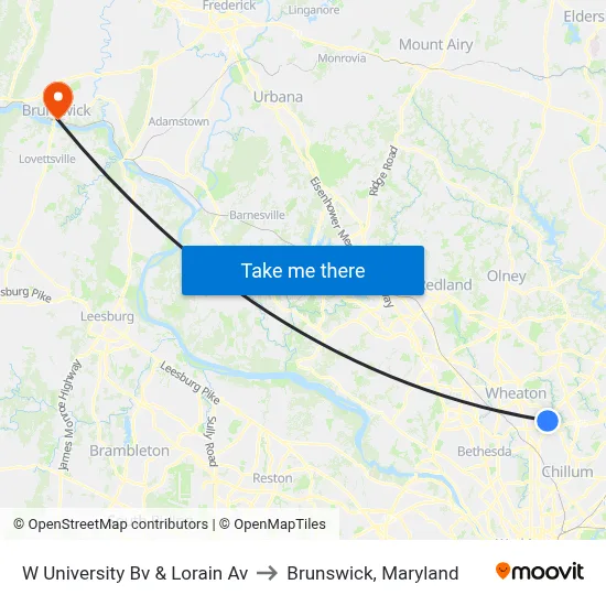 W University Bv & Lorain Av to Brunswick, Maryland map
